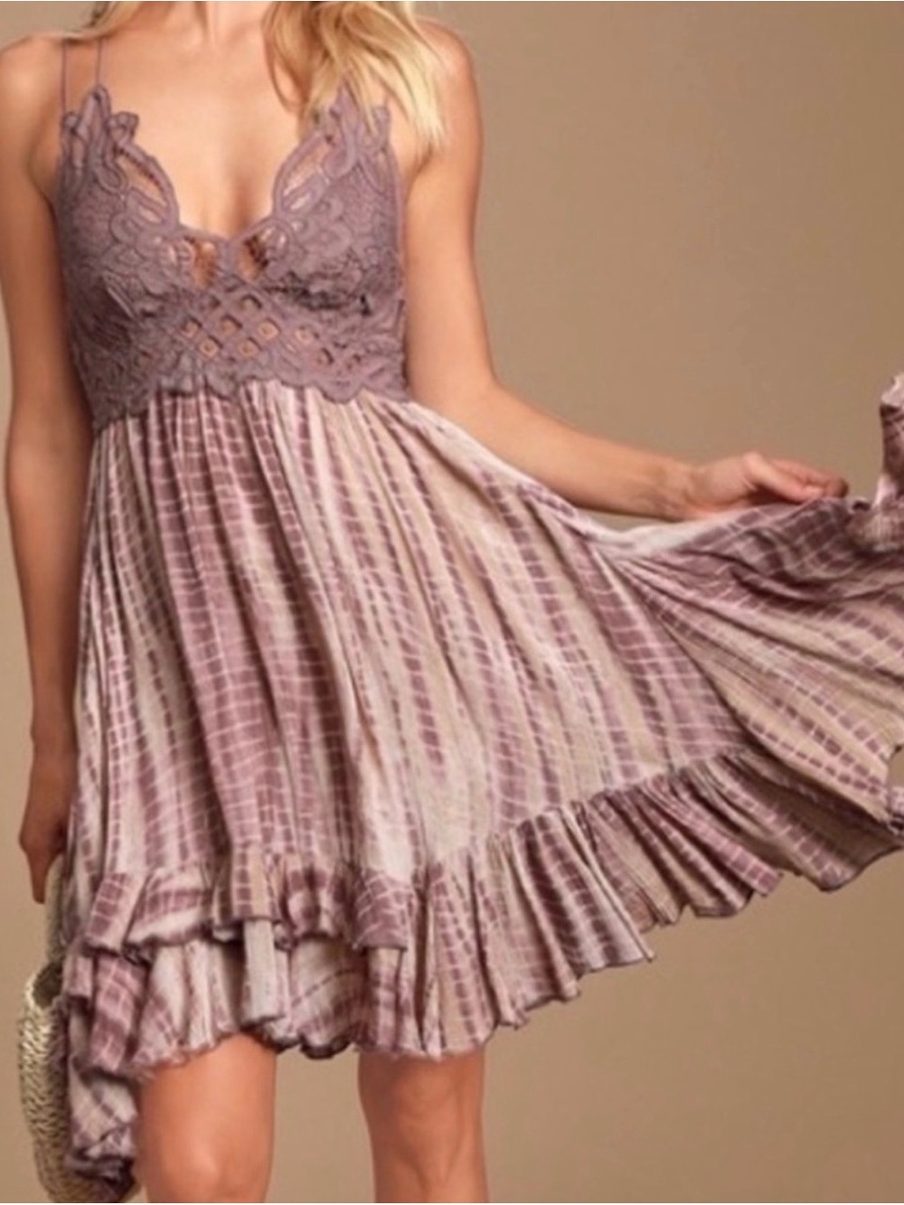 Free People Mauve Lace Bodice Tie-Dye Mini Dress